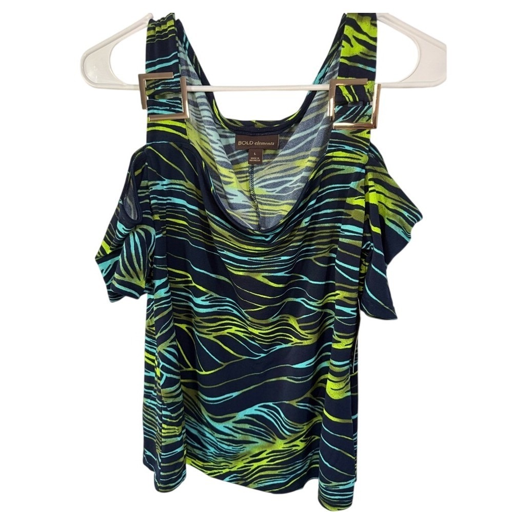 Bold Elements Blue Wave Multi Cold Shoulder Buckle Top Large Nwt